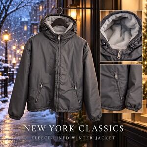 New York Classics Mens Winter Jacket Black Fleece Lined Hooded Puffer Coat XXL